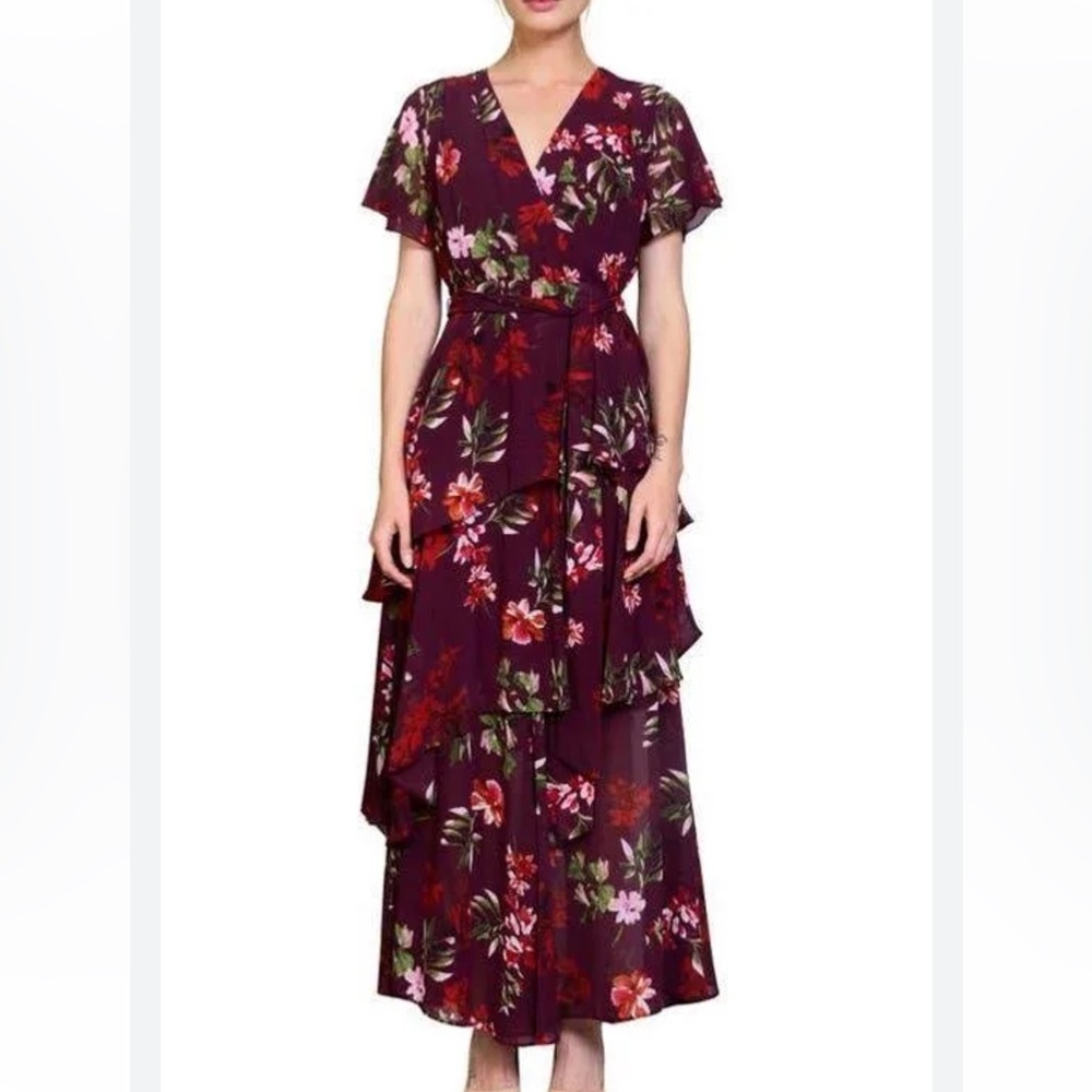 MELLODAY Burgundy Floral High Low Dress